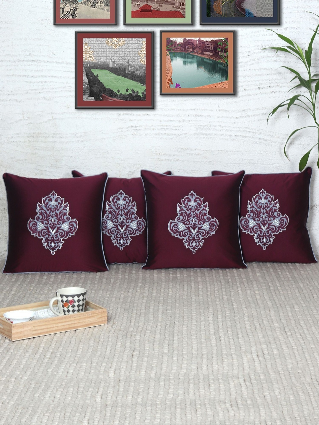 

ZEBA Purple & White 4 Pieces Ethnic Motifs Square Cushion Covers