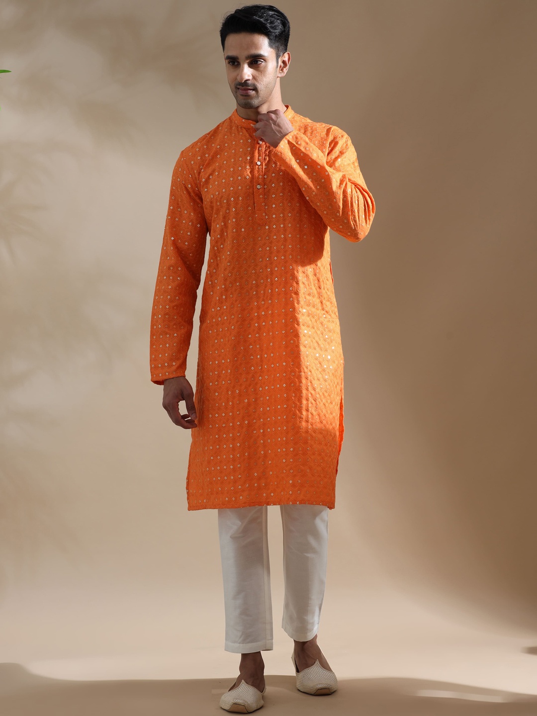 

FILORI Floral Embroidered Mandarin Collar Regular Sequinned Kurta With Pyjama, Orange