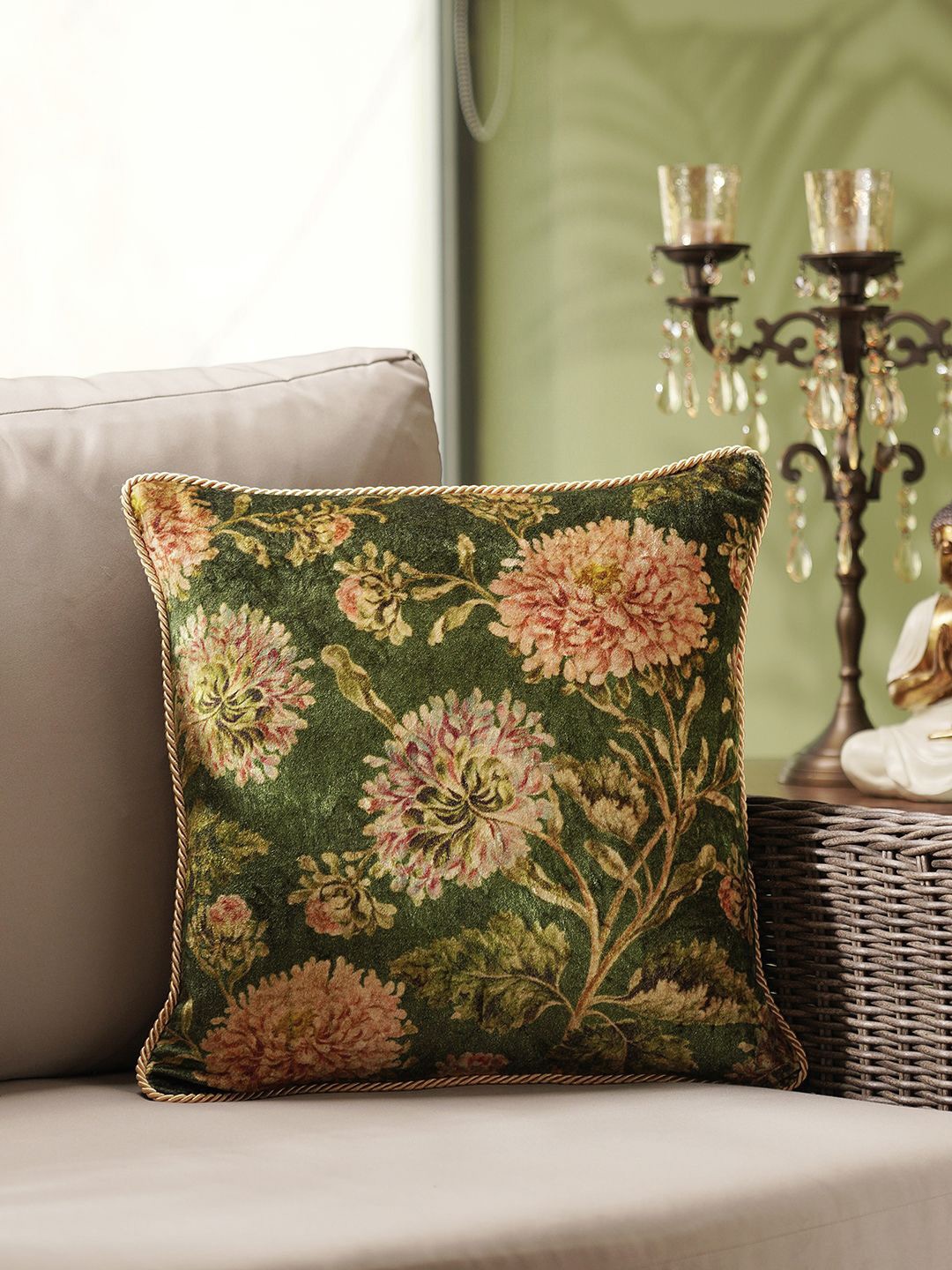 

Pure Home and Living Green & Brown Floral Printed Velvet Square Cushion Covers