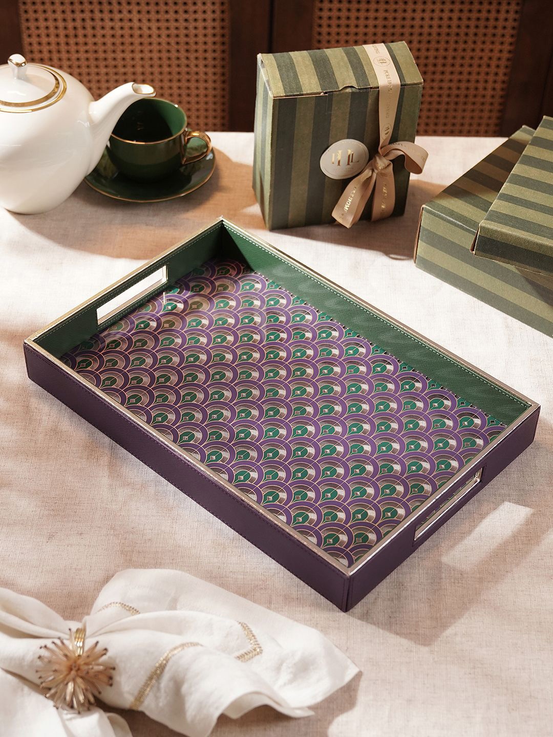 

Pure Home and Living Purple & Green Printed Glass & Faux Leather Serving Tray