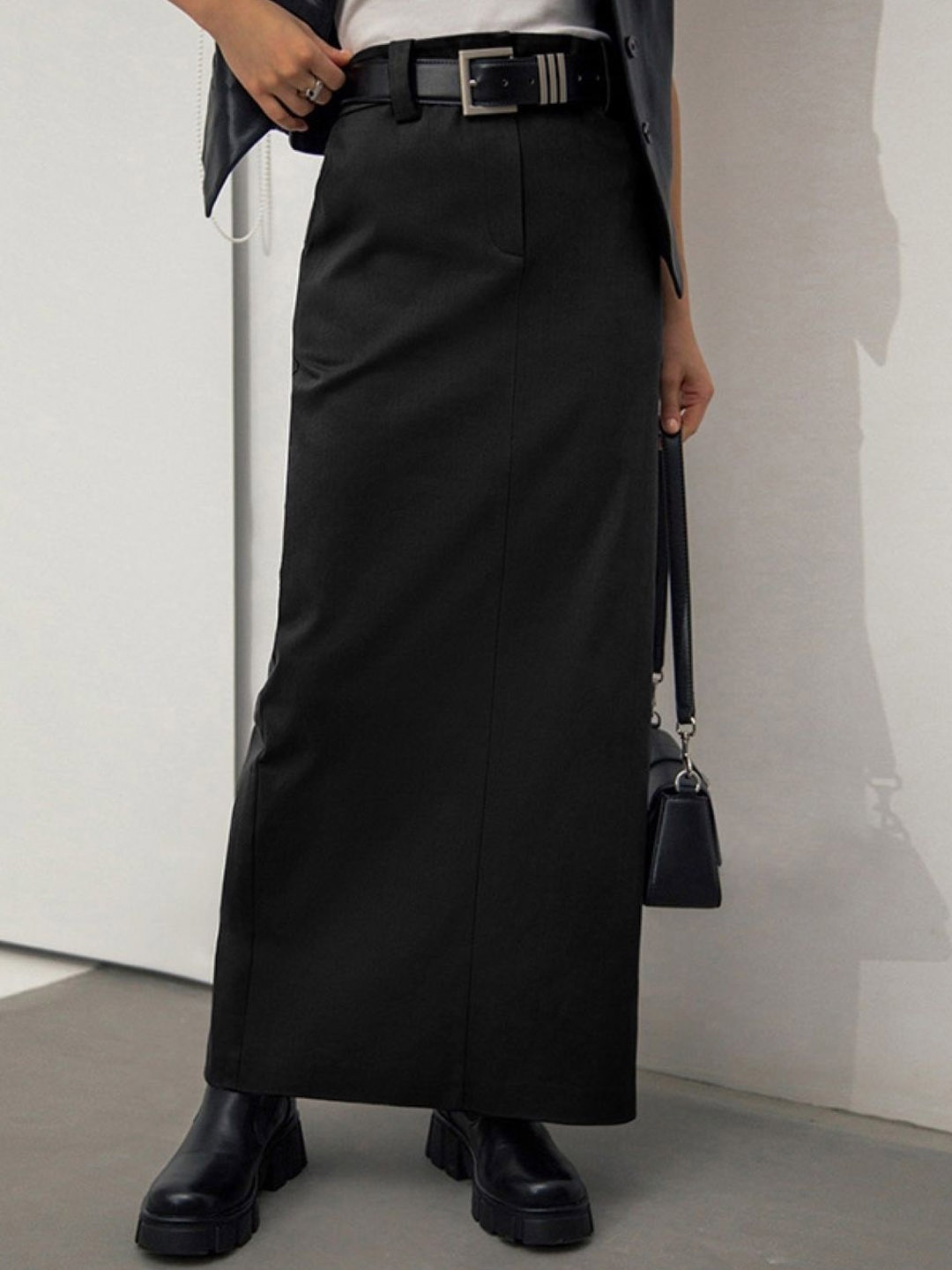 

KPOP Straight Maxi Button Skirt, Black