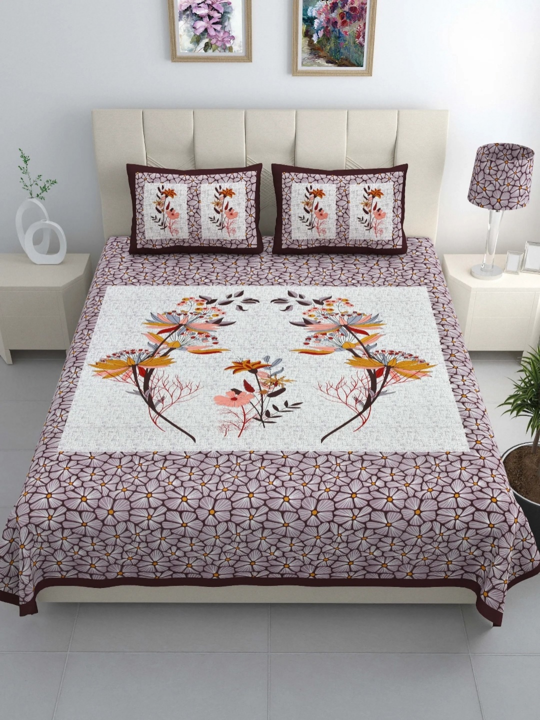 

LIVING ROOTS White & Purple Floral Printed 210 TC King Bedsheet with 2 Pillow Covers