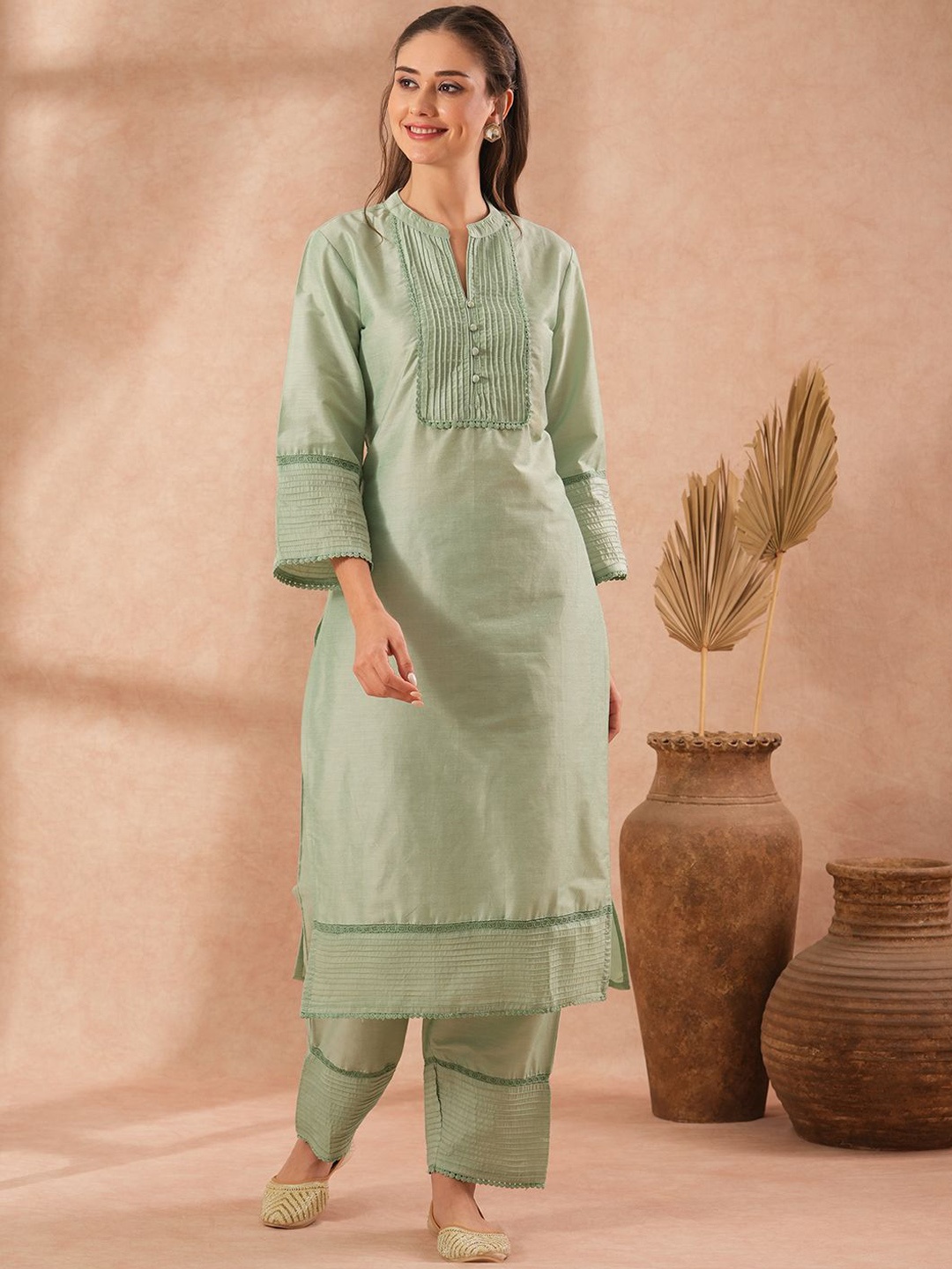 

FASHOR Mandarin Collar Tunic With Trousers, Green