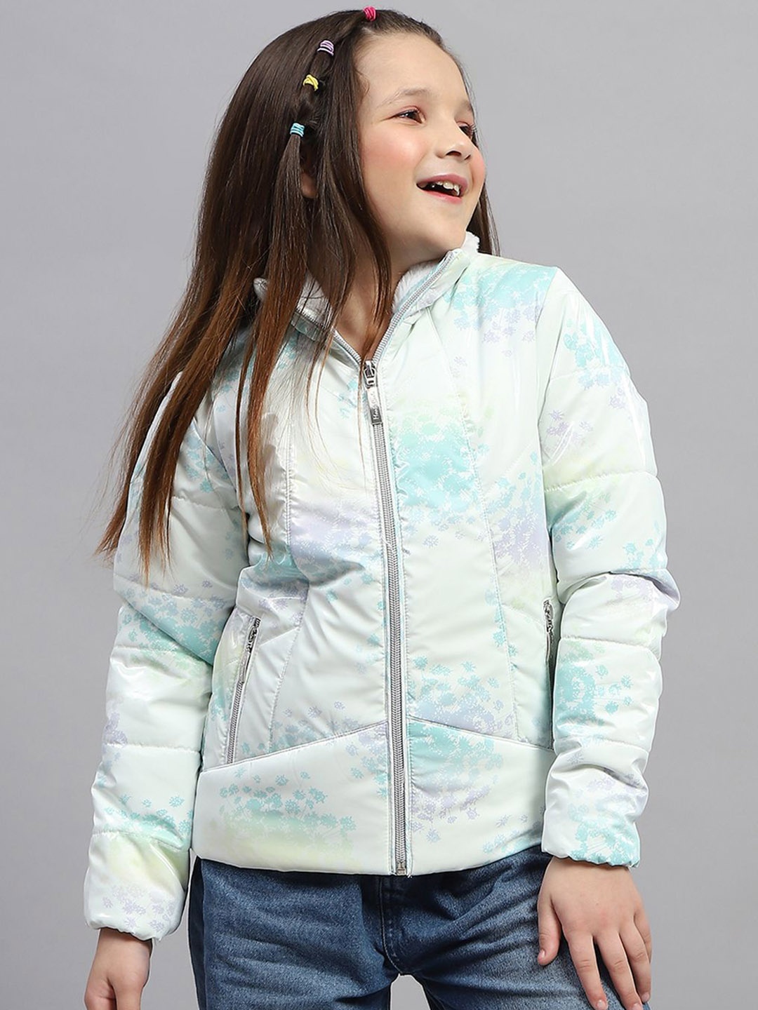 

Monte Carlo Girls Floral Printed Stand Collar Padded Jacket, Green