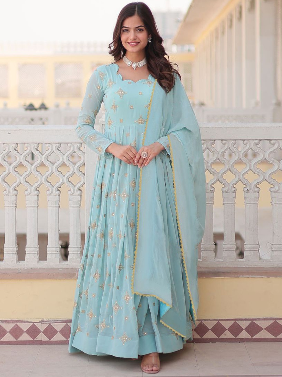 

Kedar Fab Women Ethnic Motifs Embroidered Thread Work Georgette Anarkali Kurta, Turquoise blue