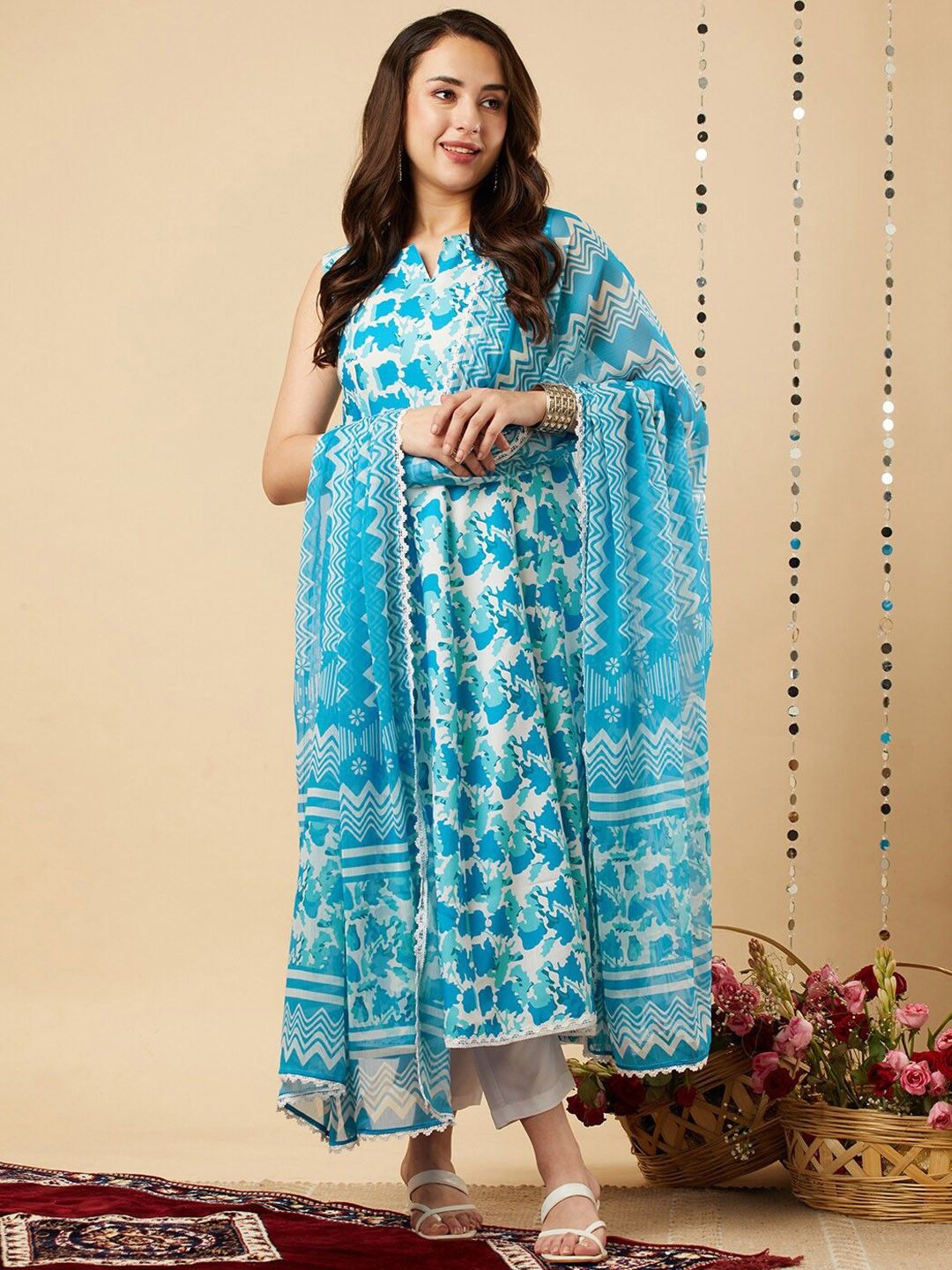 

Anni Designer Abstract Printed Regular Viscose Rayon Anarkali Kurta & Trousers & Dupatta, Blue