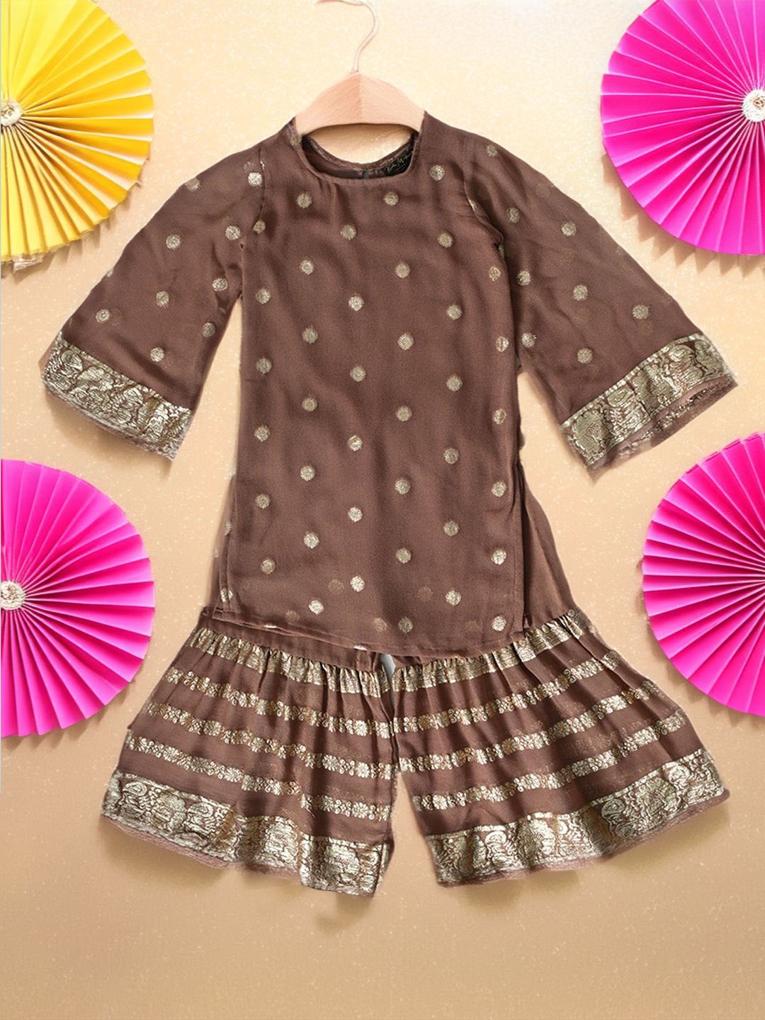 

Bella Moda Girls Ethnic Motifs Woven Design Silk Crepe Kurti with Sharara, Brown