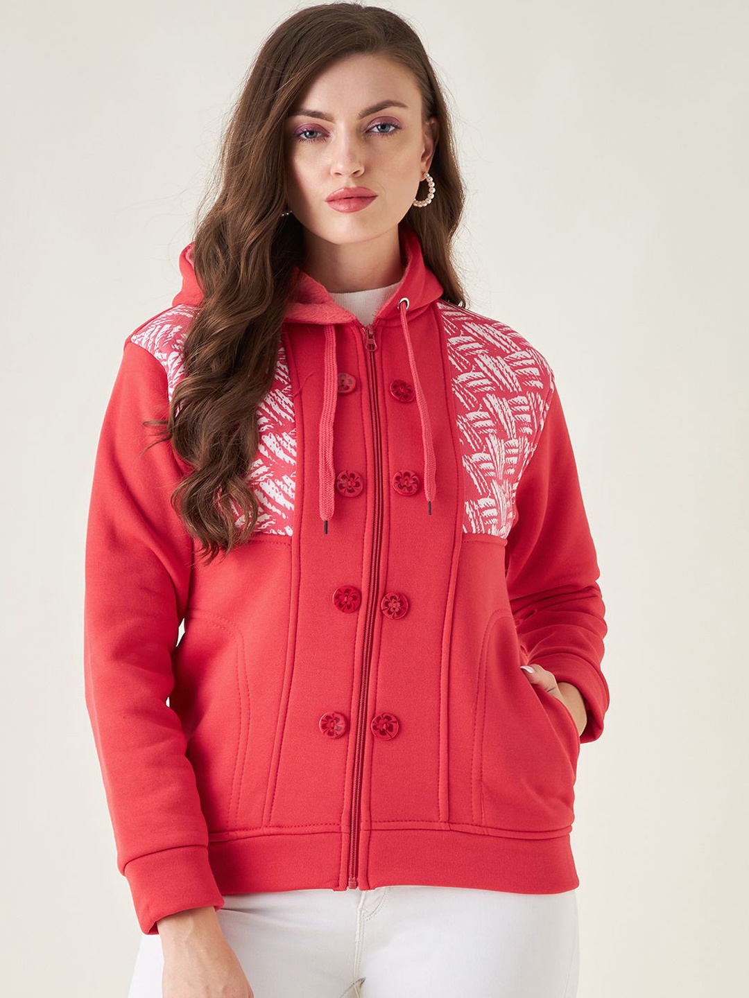 

PIVL Women Abstract Printed Windcheater Hooded Jacket, Peach