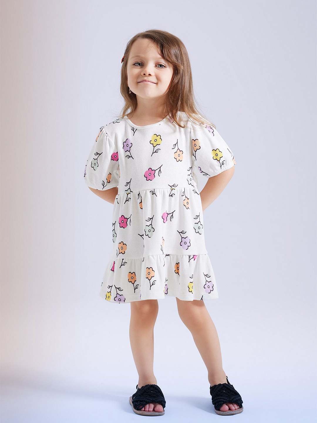 

DeFacto Girls Floral Printed Round Neck A-Line Dress, White