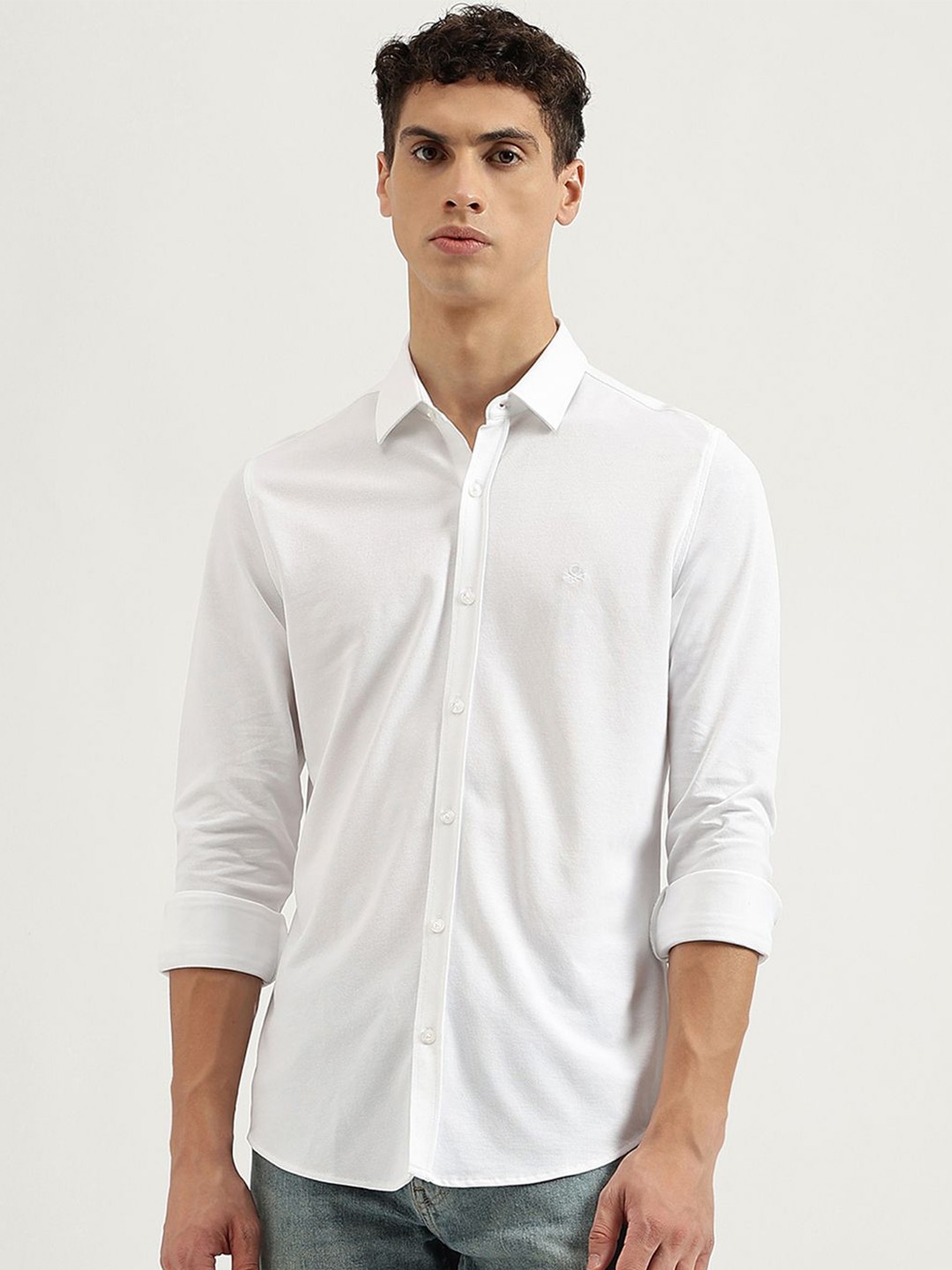

United Colors of Benetton Men Spread Collar Solid Polycotton Casual Shirt, White