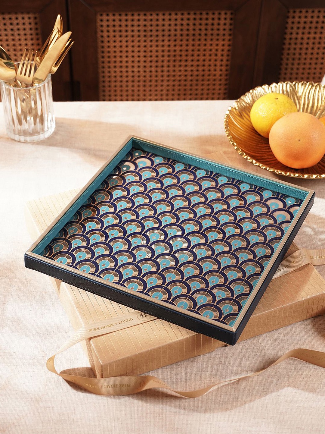 

Pure Home and Living Blue Printed Glass & Faux Leather Platter