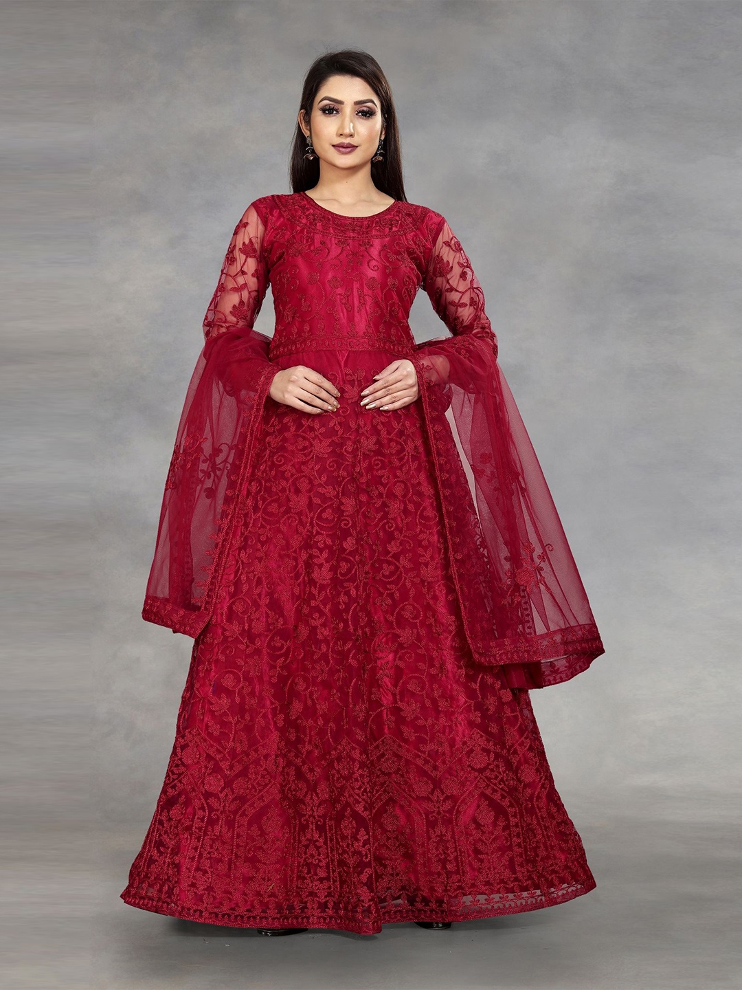 

Aika Embroidered Net Round Neck Three-Quarter Sleeves Fit & Flare Maxi Dress, Maroon