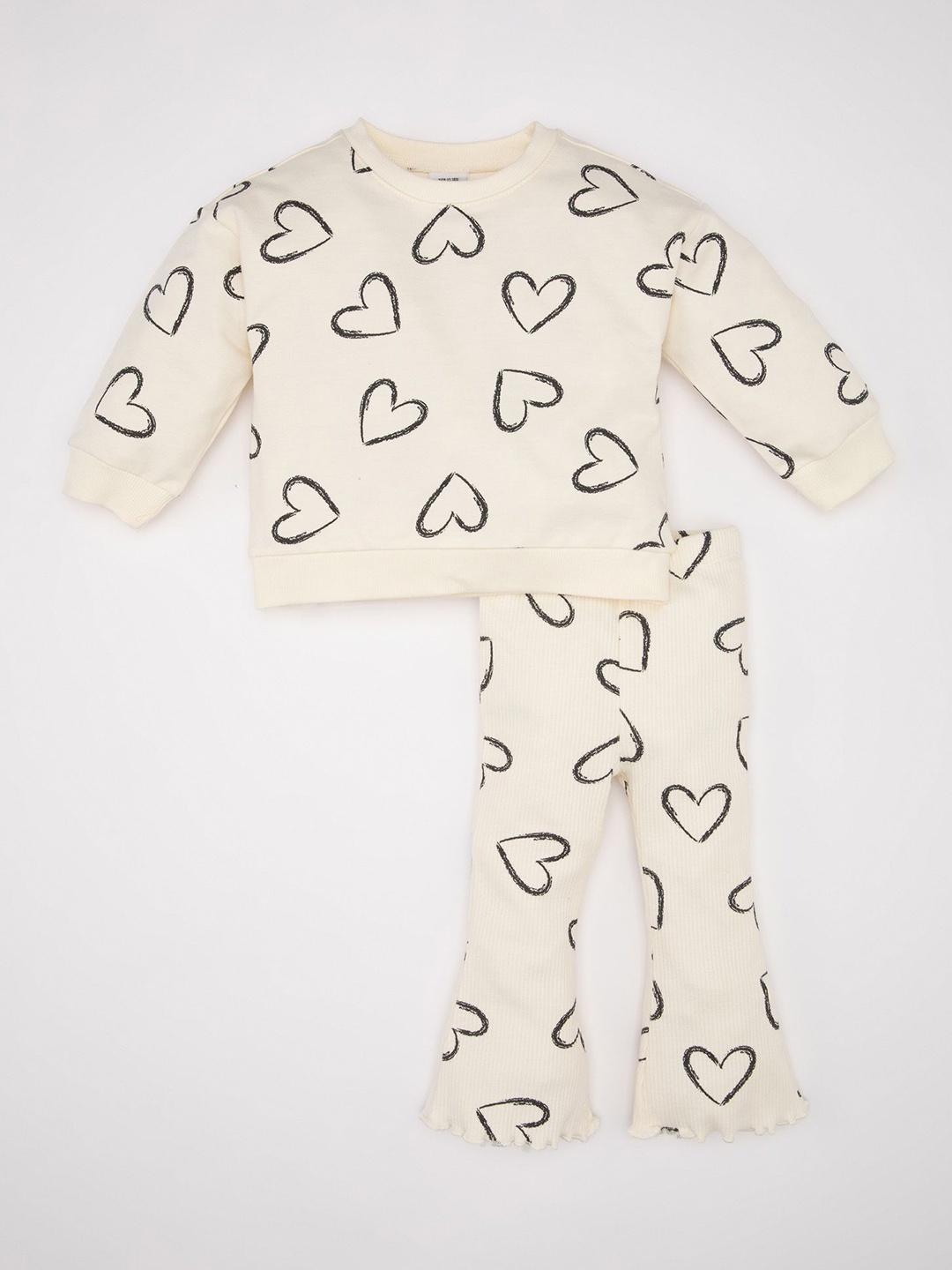 

DeFacto Girls Printed Round Neck Pure Cotton Sweatshirt With Trousers, Cream