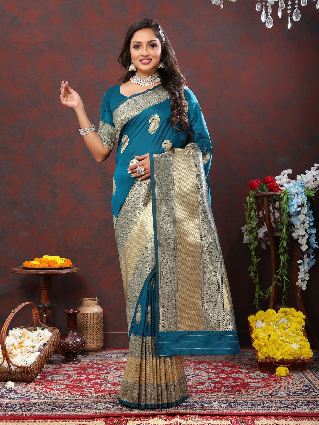 

MOKSHA DESIGNS Ethnic Motifs Zari Pure Silk Kanjeevaram Saree, Teal