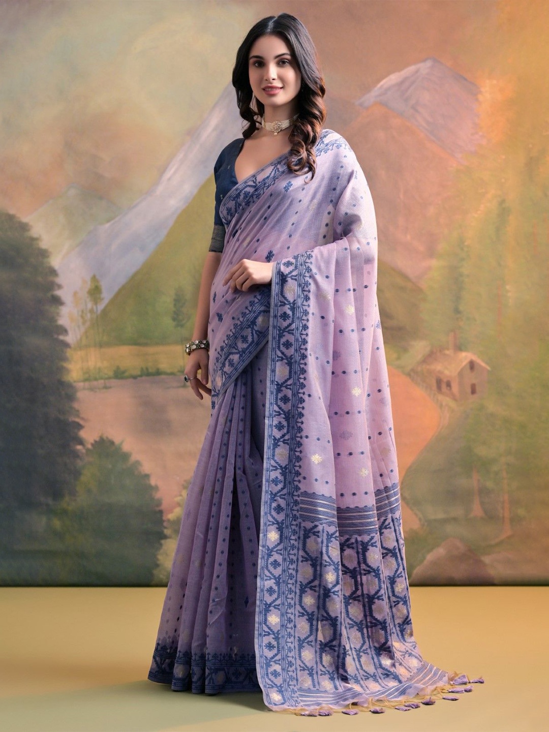 

VISHNU WEAVES Woven Design Zari Pure Cotton Muga Saree, Lavender