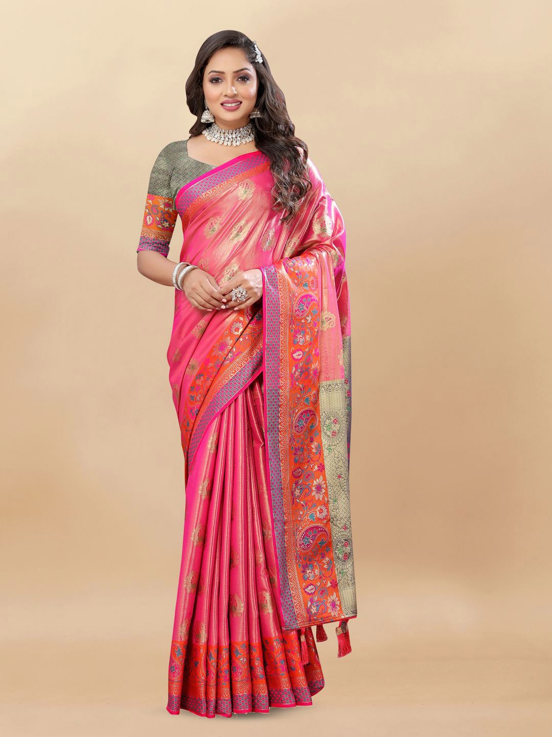 

MOKSHA DESIGNS Woven Design Zari Pure Silk Printed Banarasi Saree, Pink