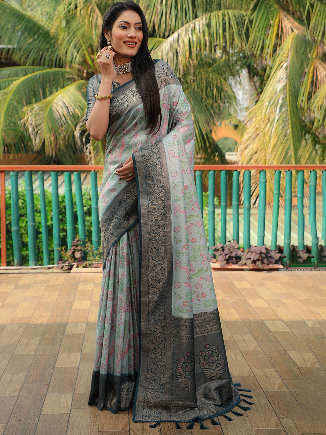 

Anaita Woven Design Zari Pure Silk Kanjeevaram Saree, Turquoise blue