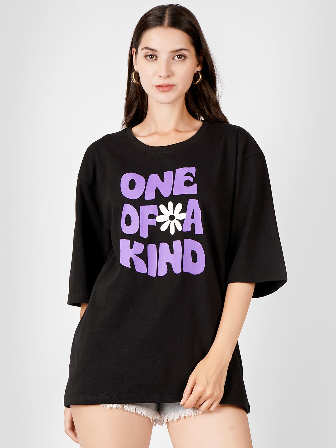 

MIMID Women Typography Printed Round Neck Cotton Oversized T-shirt, Black