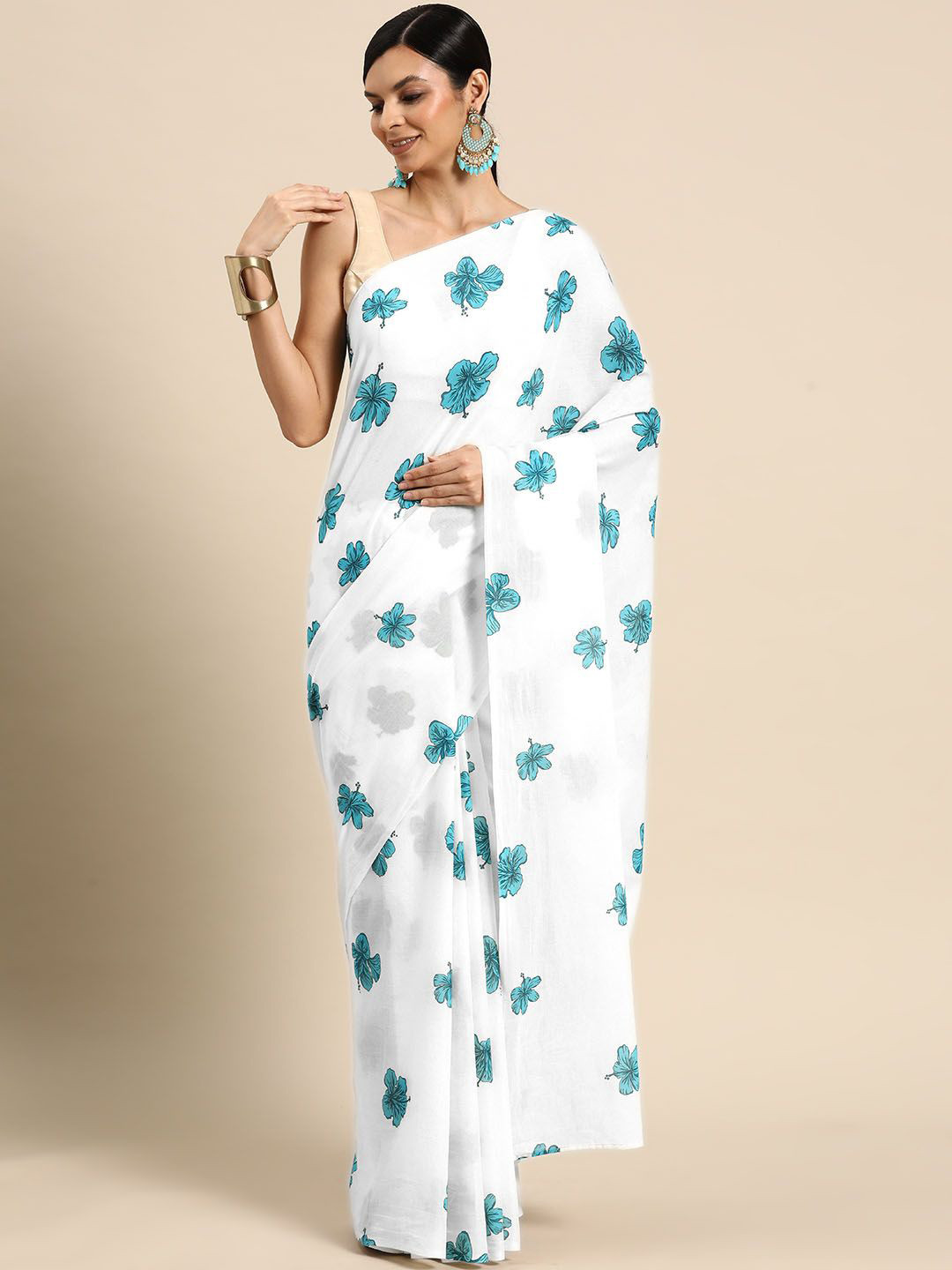 

BUTA BUTI Floral Printed Cotton Saree, Blue