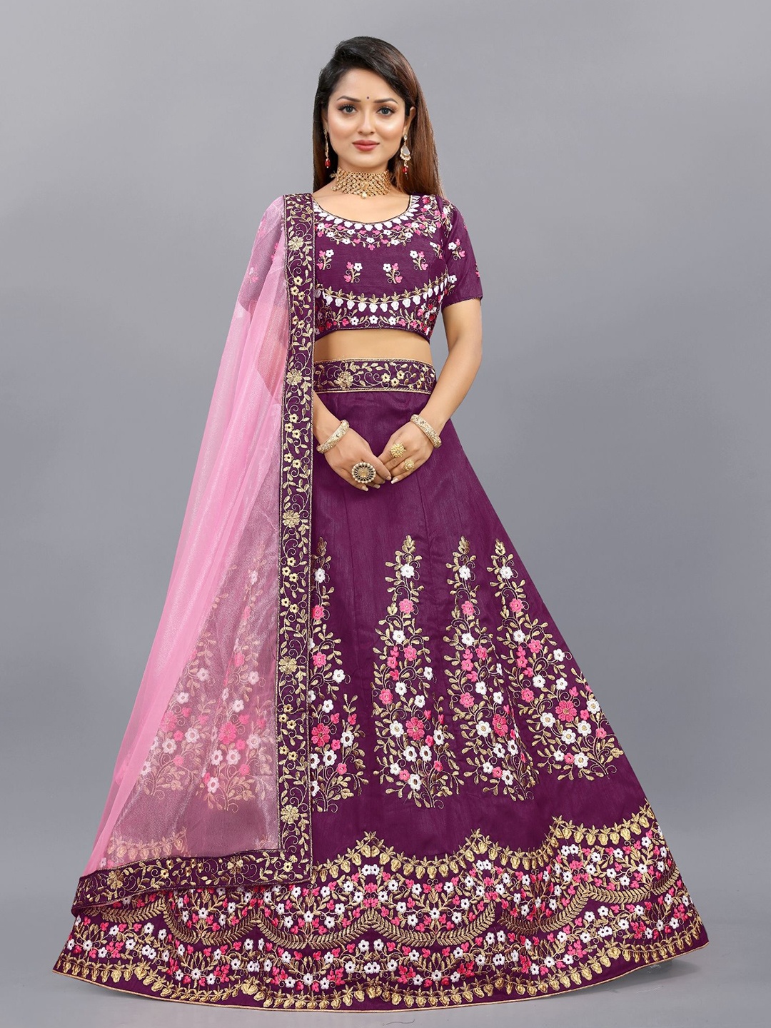 

APNISHA Embroidered Semi Stitched Lehenga & Unstitched Blouse With Dupatta, Purple
