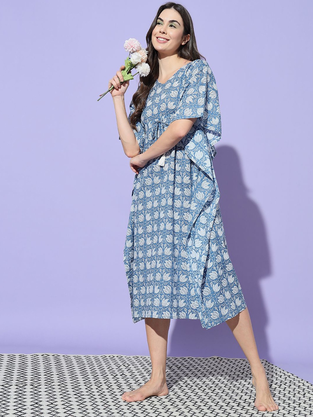 

ETC Women Floral Printed Pure Cotton Kaftan Midi Nightdress, Blue