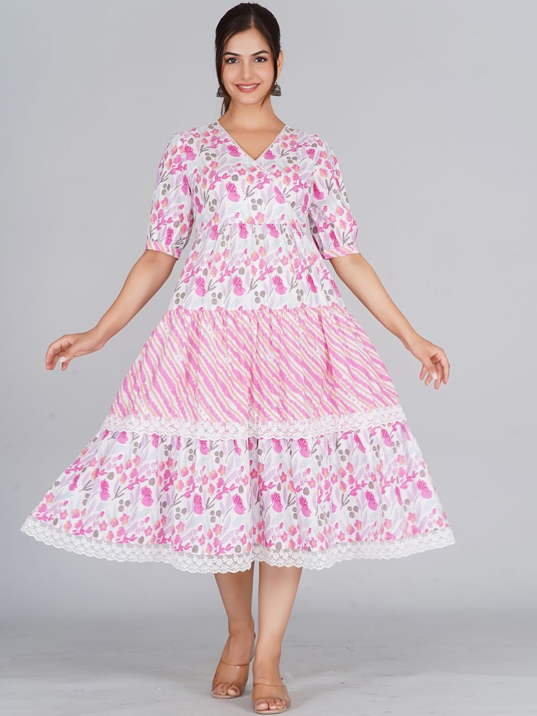 

Neemiya Floral Printed Cuffed Sleeves Layered Pure Cotton Ethnic Fit and Flare dress, Pink