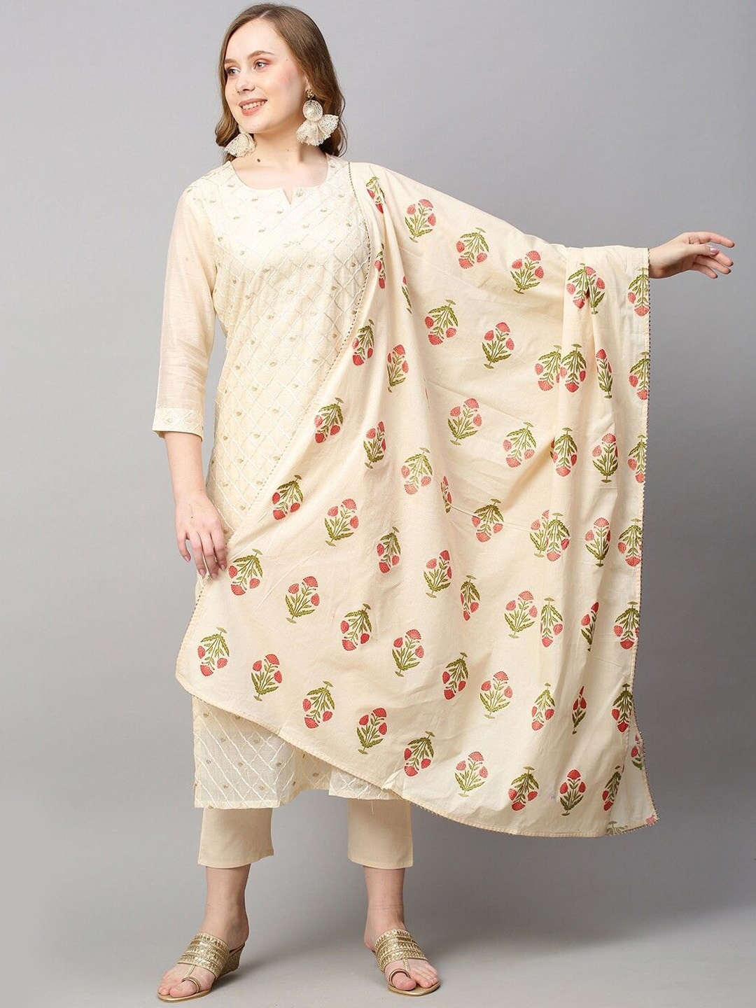 

Anni Designer Floral Embroidered Straight Kurta With Trouser & Dupatta, Cream