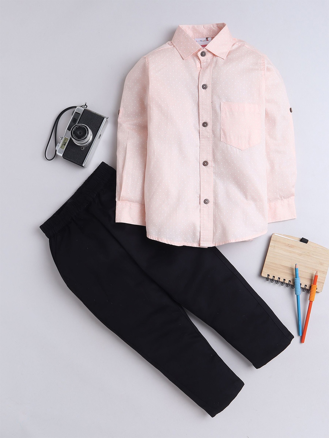 

BAATCHEET Boys Cotton Shirt with Trousers, Peach