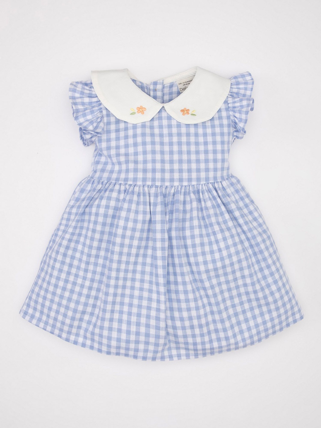 

DeFacto Girls Checked Peter Pan Collar Flutter Sleeve Pure Cotton Fit & Flare Dress, Blue