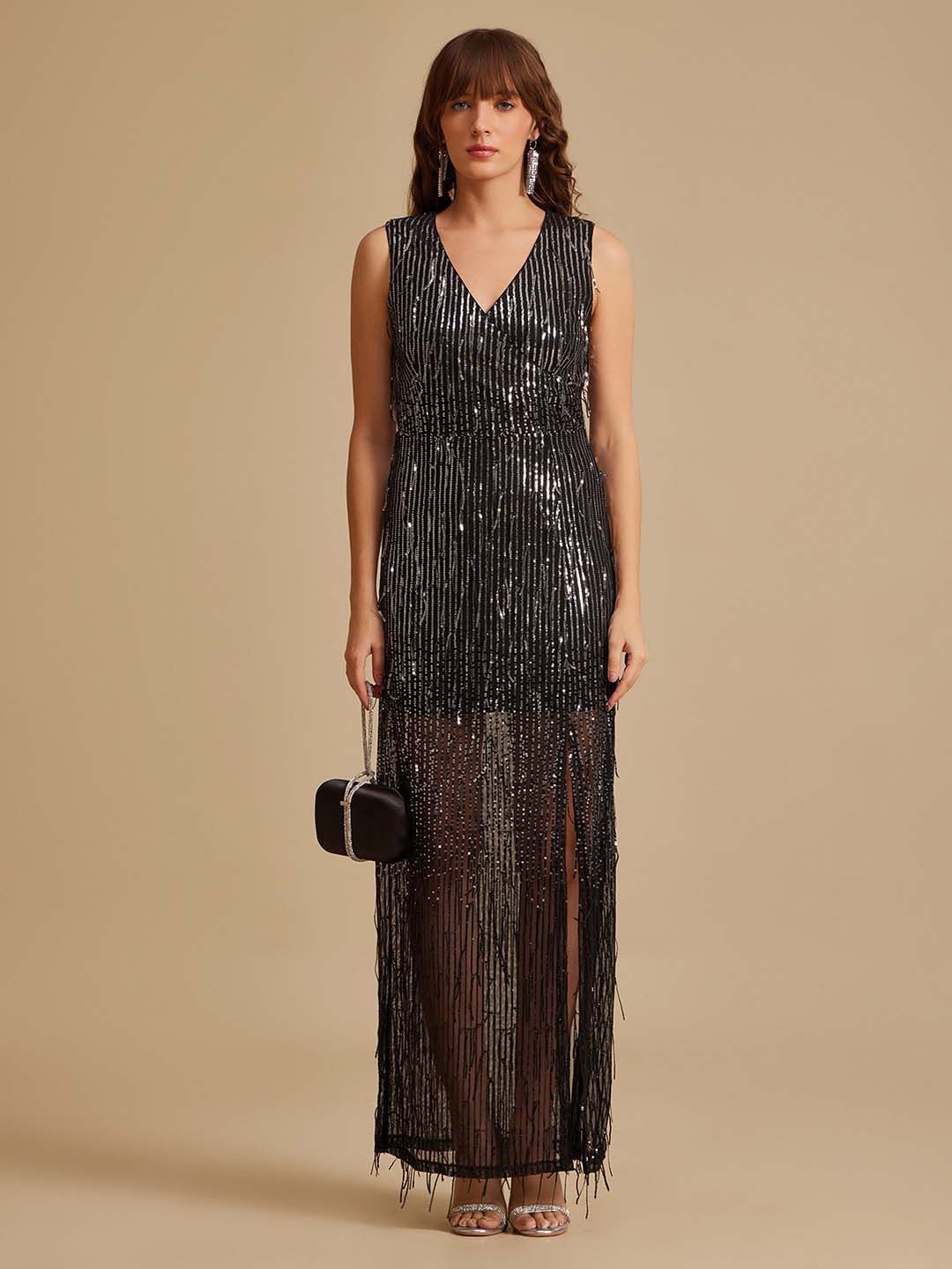 

Kazo Women Embellished Sequin V-Neck A-Line Maxi Dress, Black
