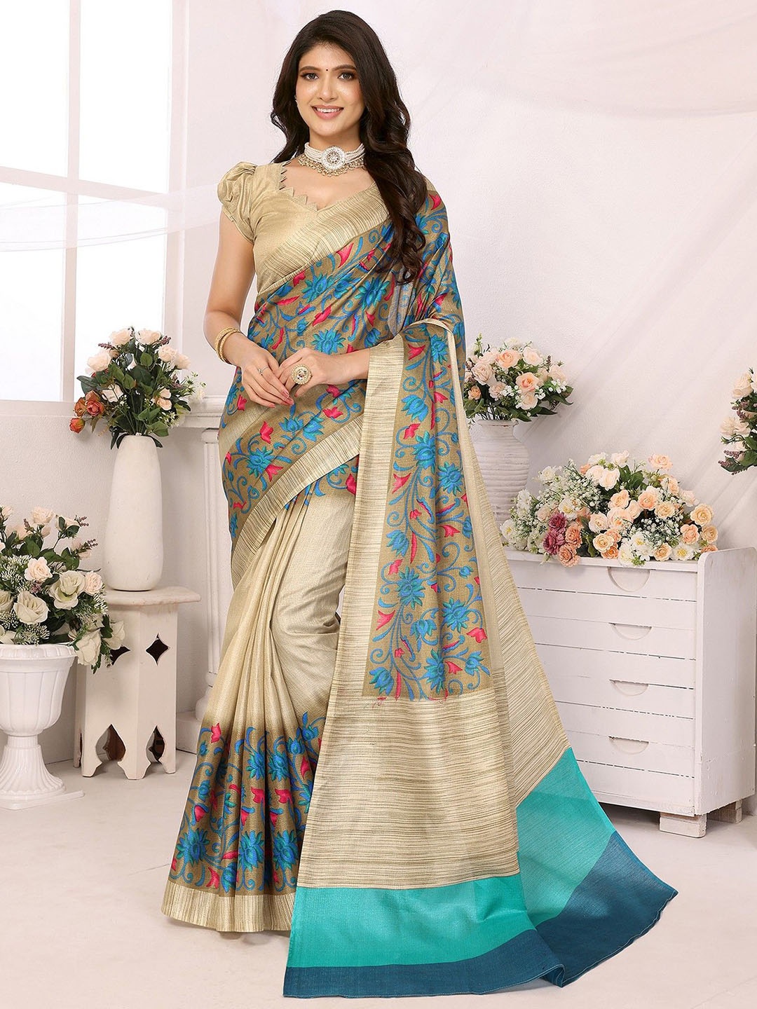 

KALINI Floral Printed Leheriya Saree, Cream