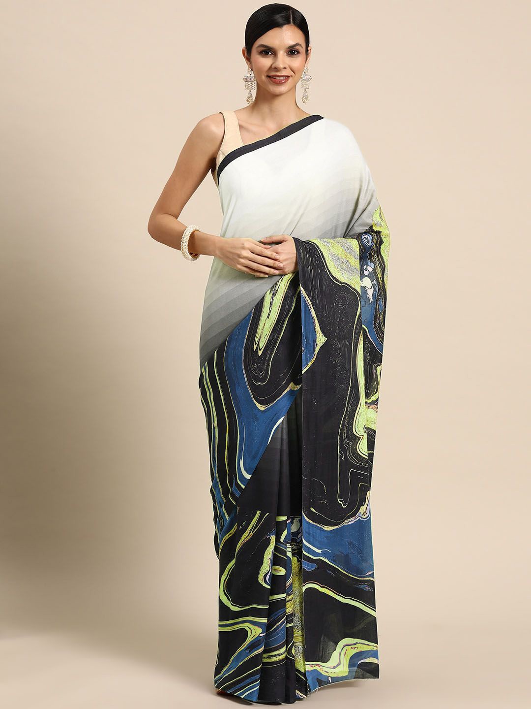 

BUTA BUTI Abstract Printed Cotton Saree, Lime green