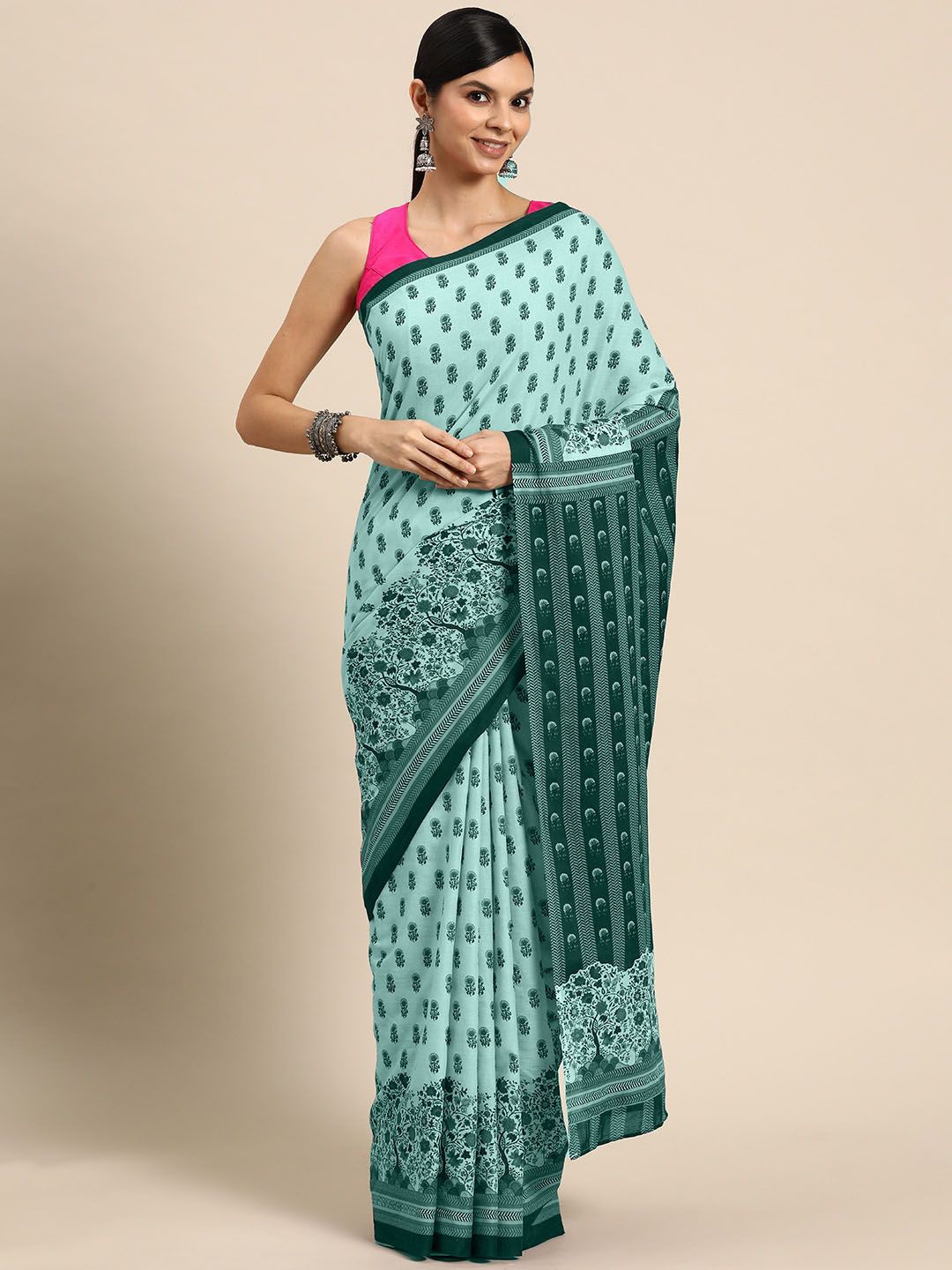 

BUTA BUTI Floral Pure Cotton Printed Saree, Sea green