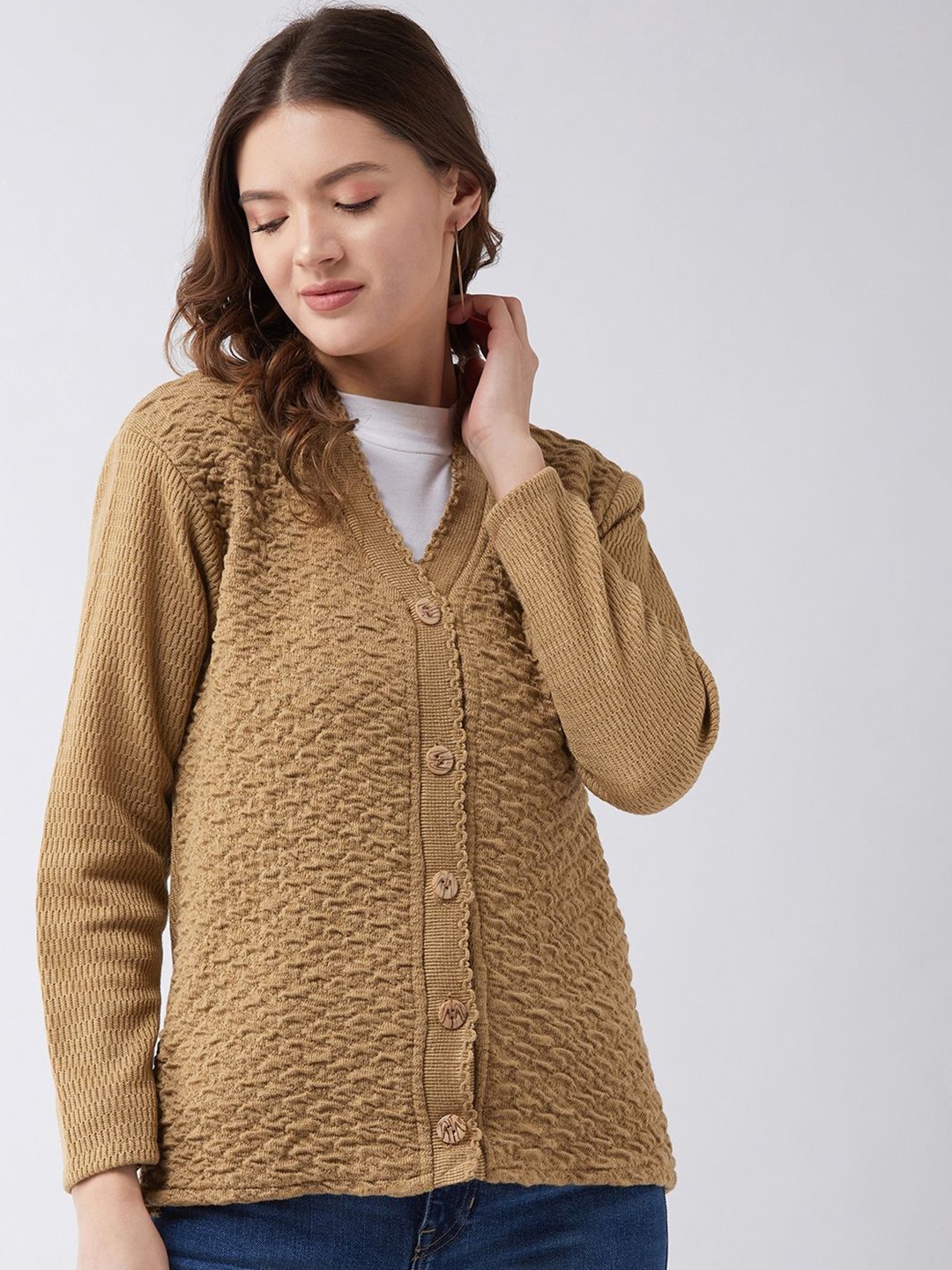 

PIVL Women Self Design Cardigan, Beige
