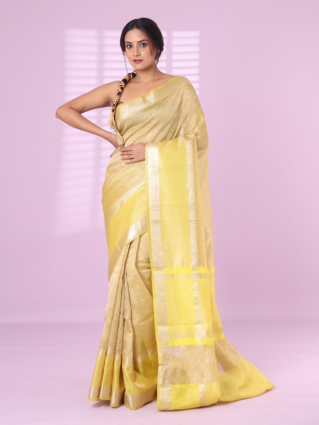 

Charukriti Embellished Zari Tissue Saree, Yellow