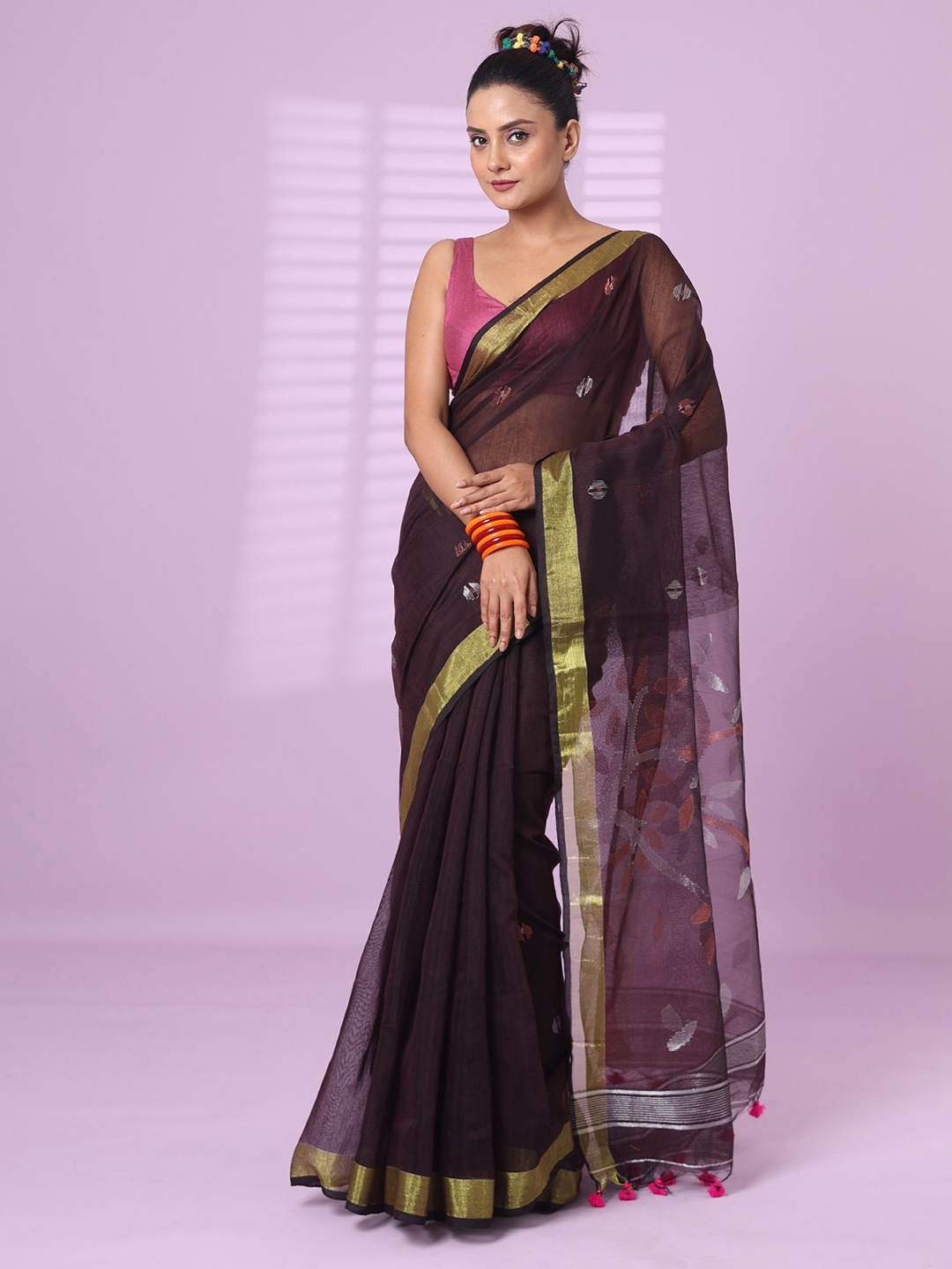 

Charukriti Woven Design Zari Silk Cotton Saree, Brown