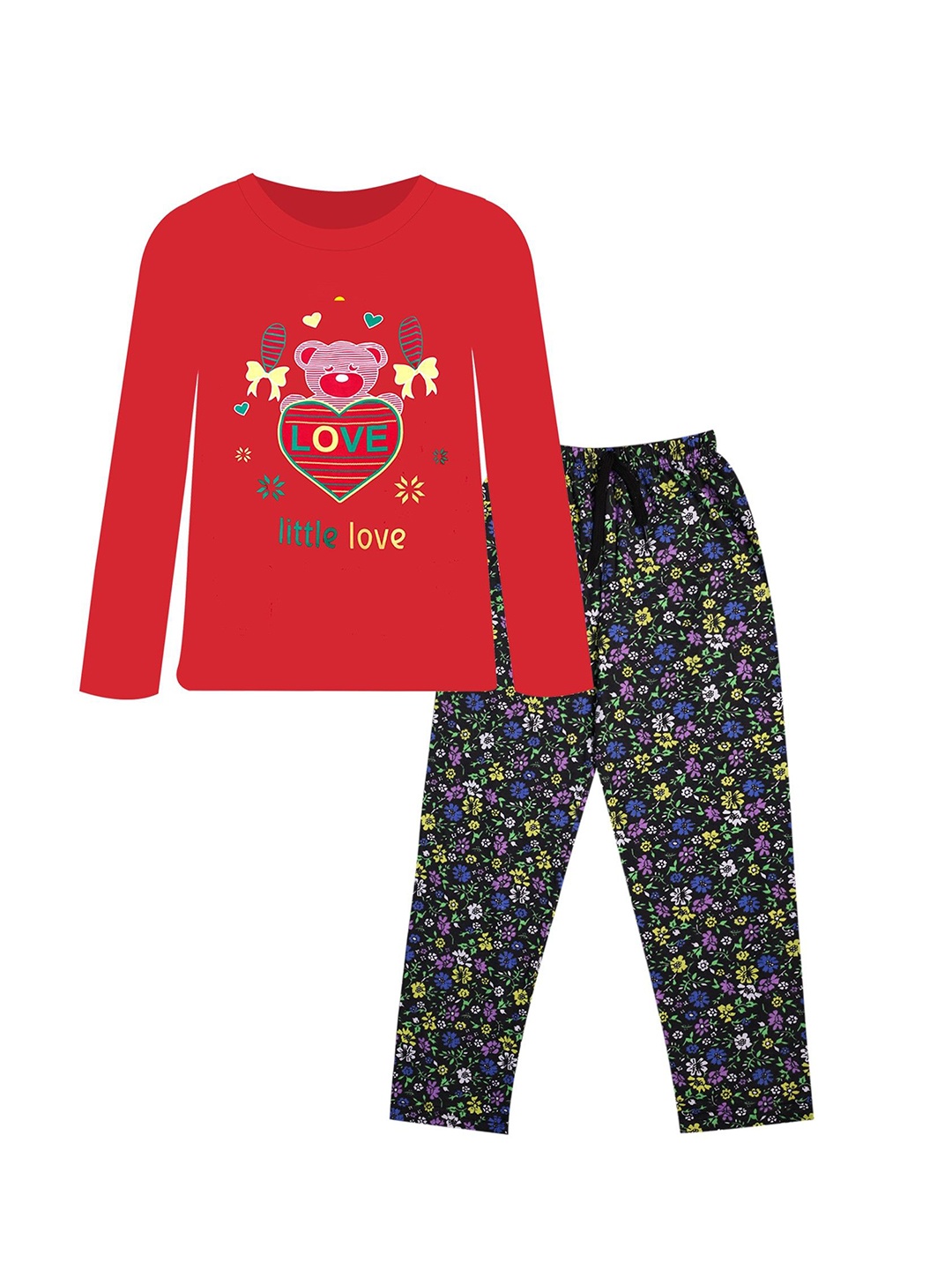 

CoolTees4U Girls Printed Round Neck Pure Cotton T-shirt With Trousers, Red