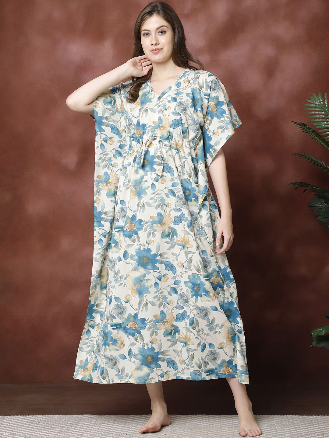 

Claura Women Printed Pure Cotton Kaftan Nightdress, Blue