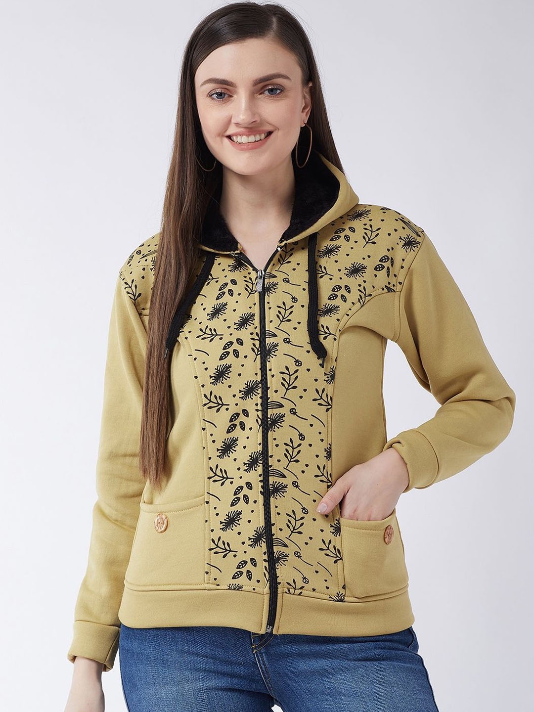 

PIVL Women Floral Printed Windcheater Hooded Jacket, Beige