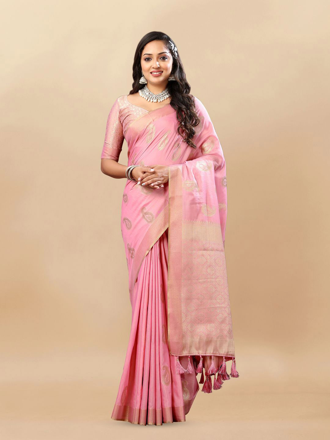 

MOKSHA DESIGNS Ethnic Motifs Woven Design Zari Pure Silk Banarasi Saree, Pink
