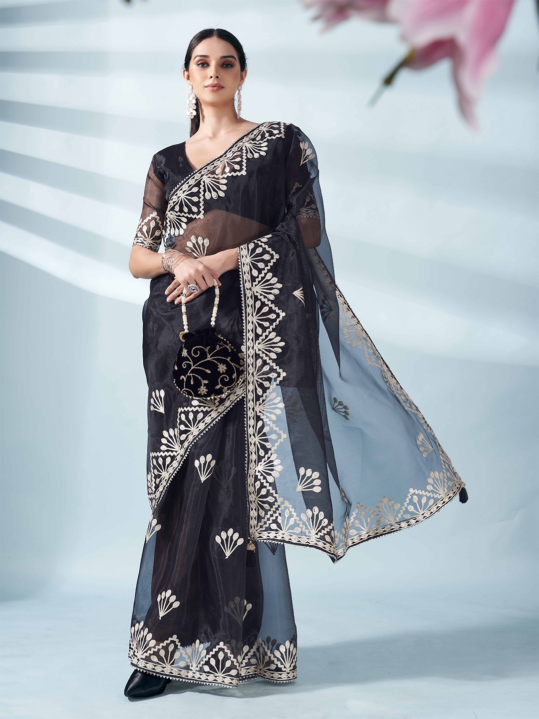 

Tikhi Imli Floral Embroidered Organza Saree, Black