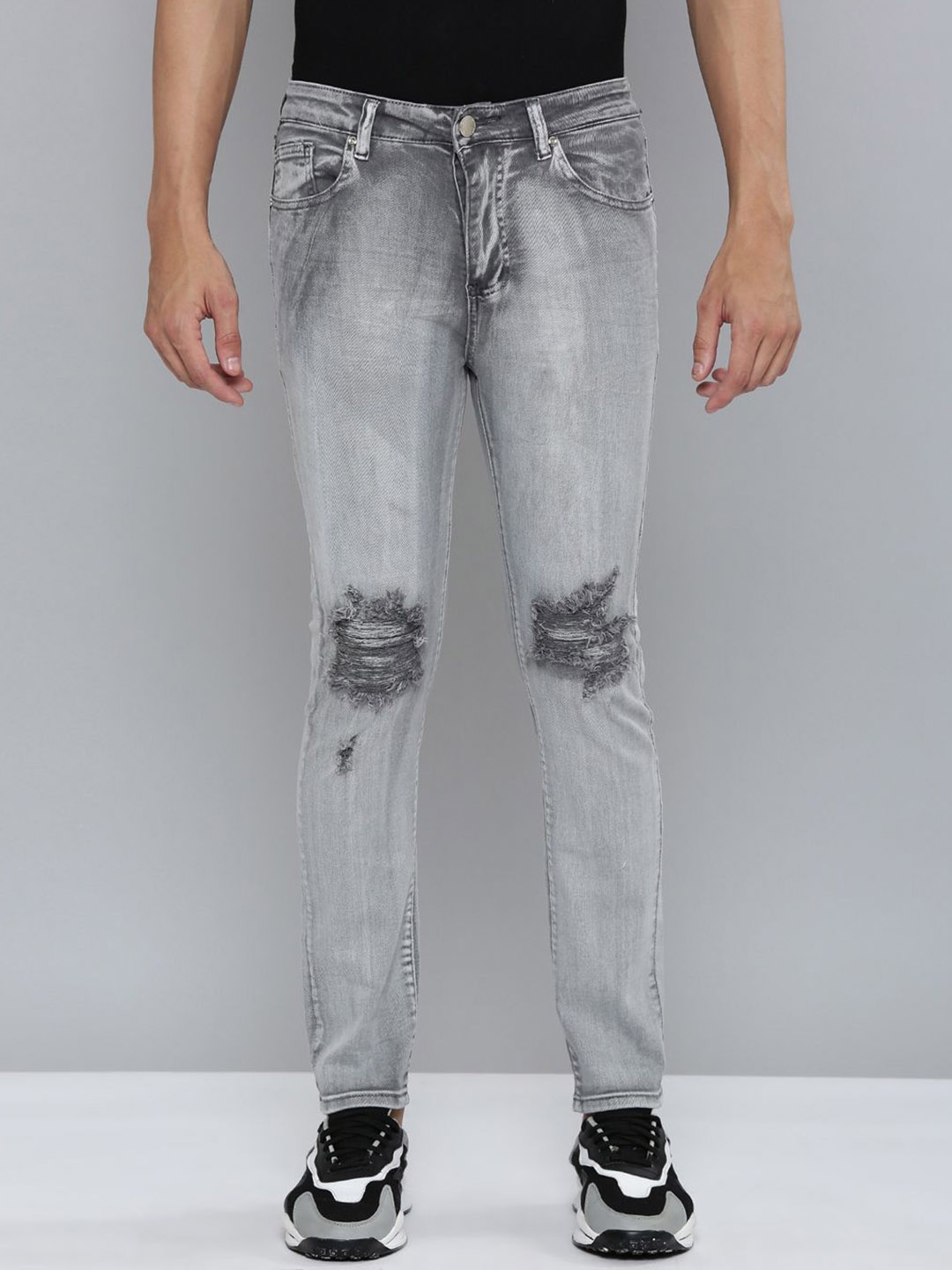 

WAIMEA Men Comfort Skinny Fit Slash Knee Heavy Fade Stretchable Jeans, Grey