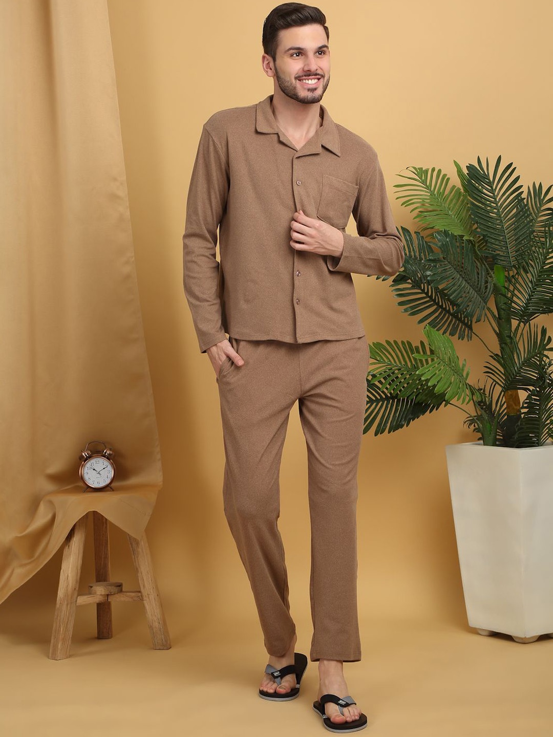 

Sweet Dreams Men Lapel Collar Night suit, Beige