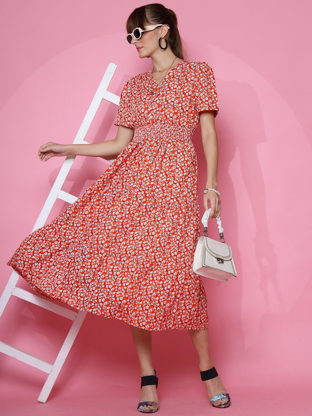 

SHEETAL Associates Floral V-Neck Printed Crepe Fit & Flare Midi Dress, Red