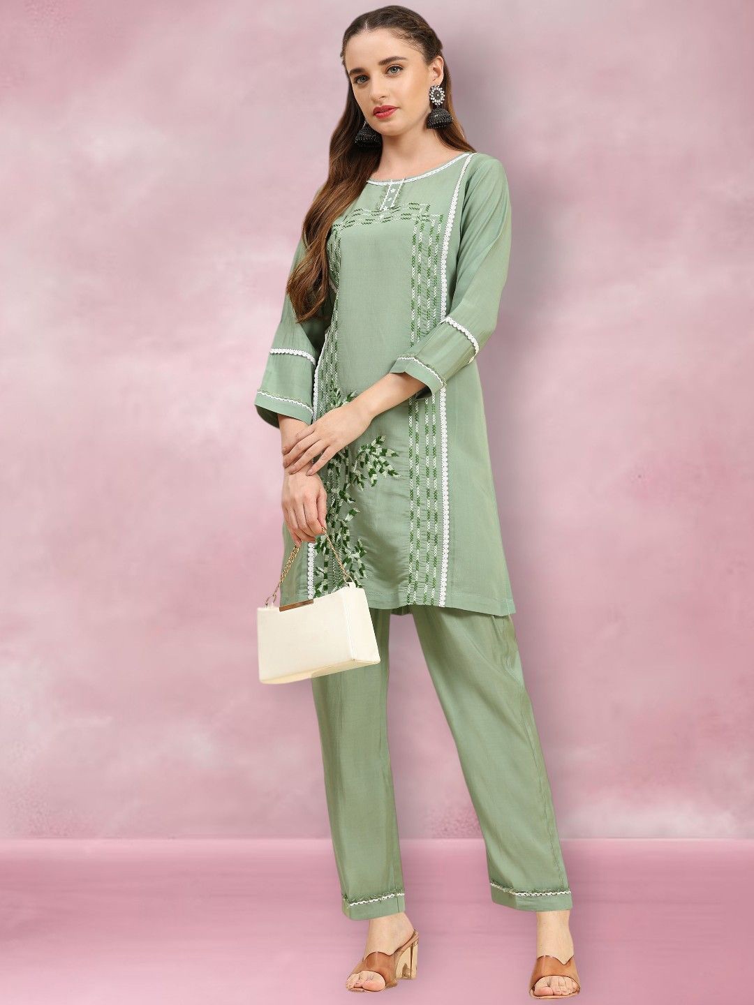 

Growish Embroidered Tunic With Trousers, Green