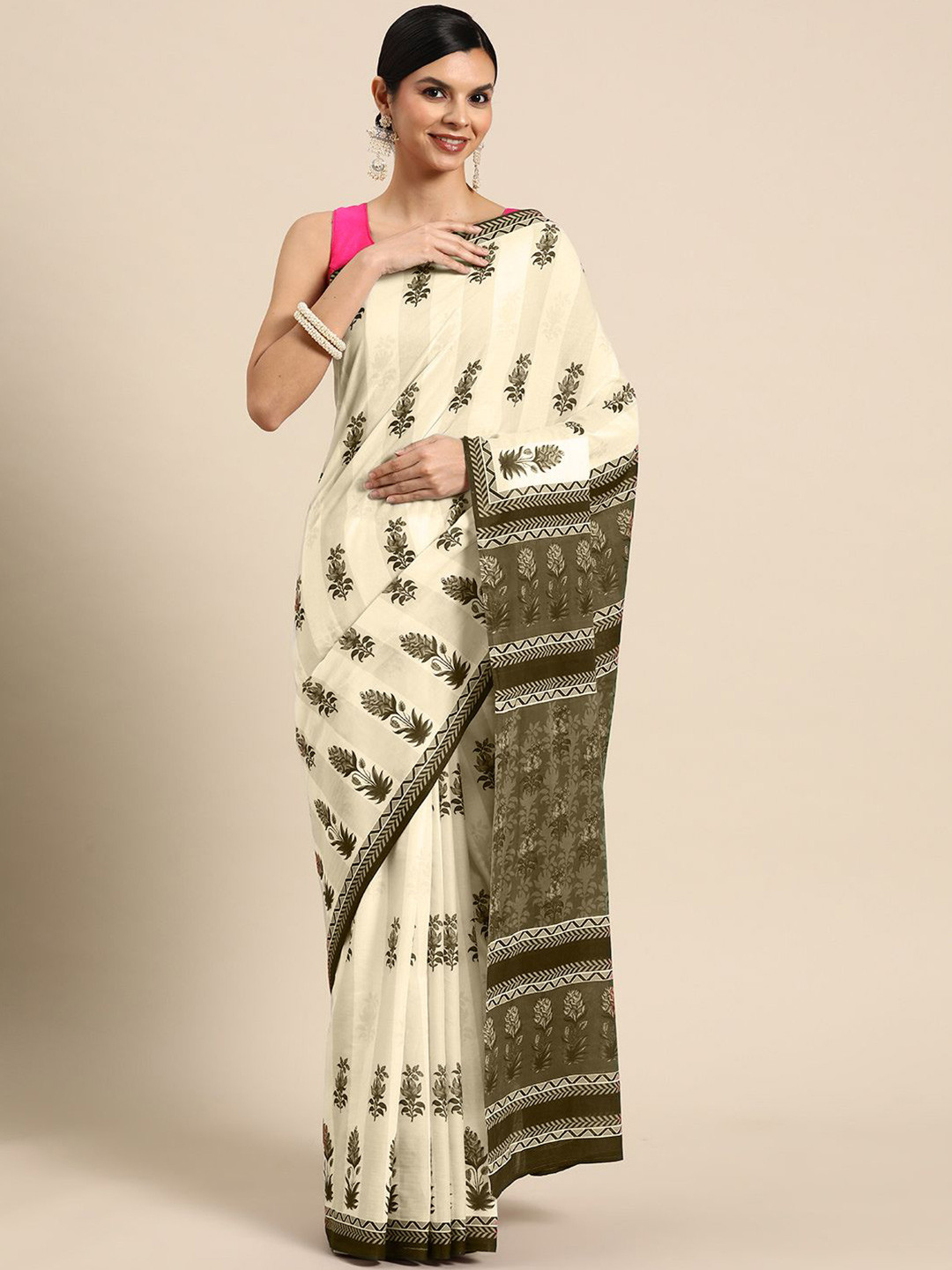 

BUTA BUTI Ethnic Motifs Solid Border Pure Cotton Saree, White