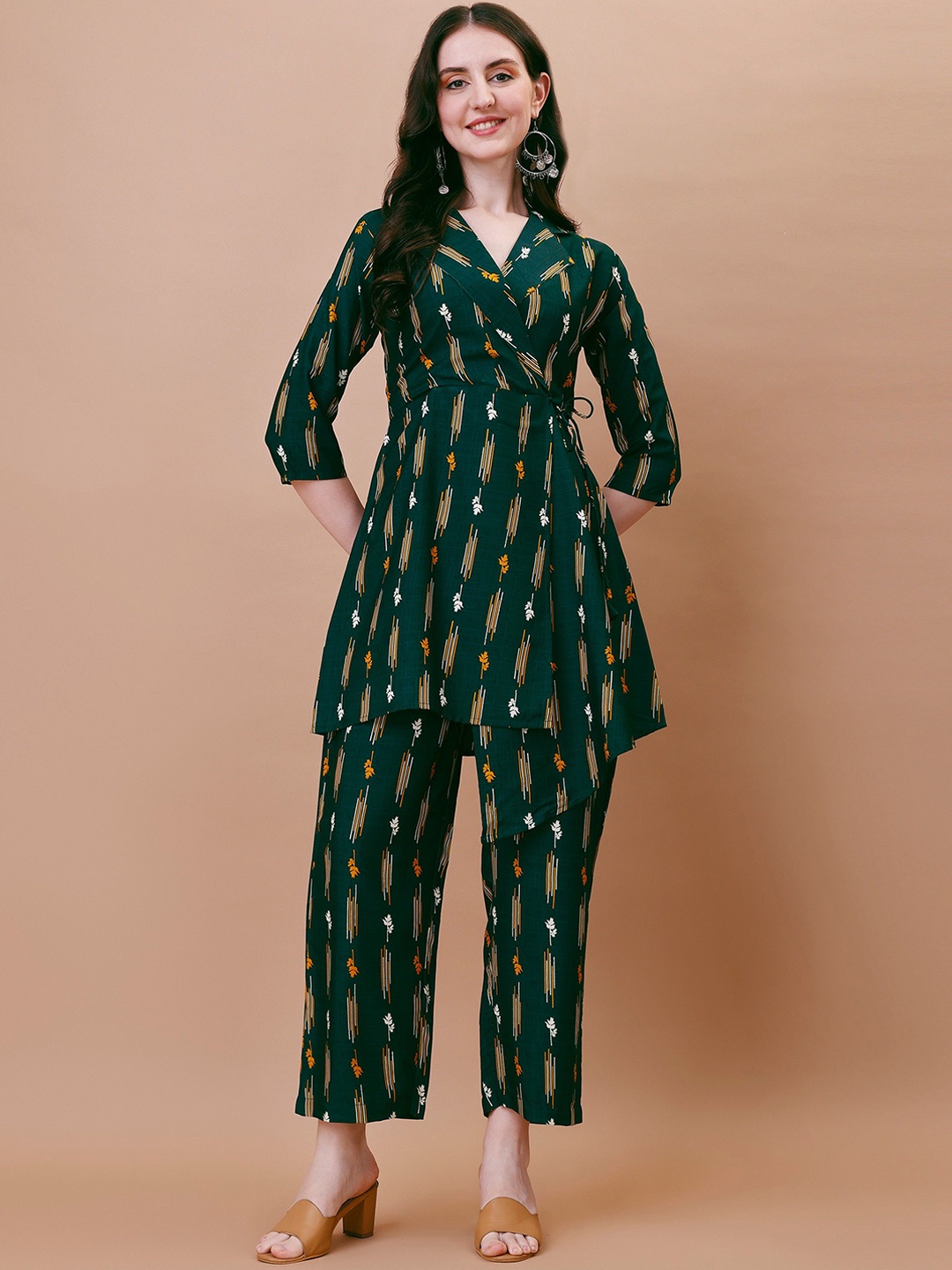

KALINI Striped Shawl Collar Angrakha Silk Crepe Anarkali Kurti With Trousers, Green