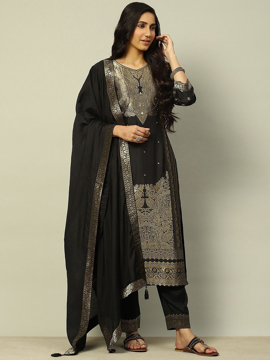 

Rangriti Ethnic Motifs Woven Design Straight Kurta With Salwar & Dupatta, Black