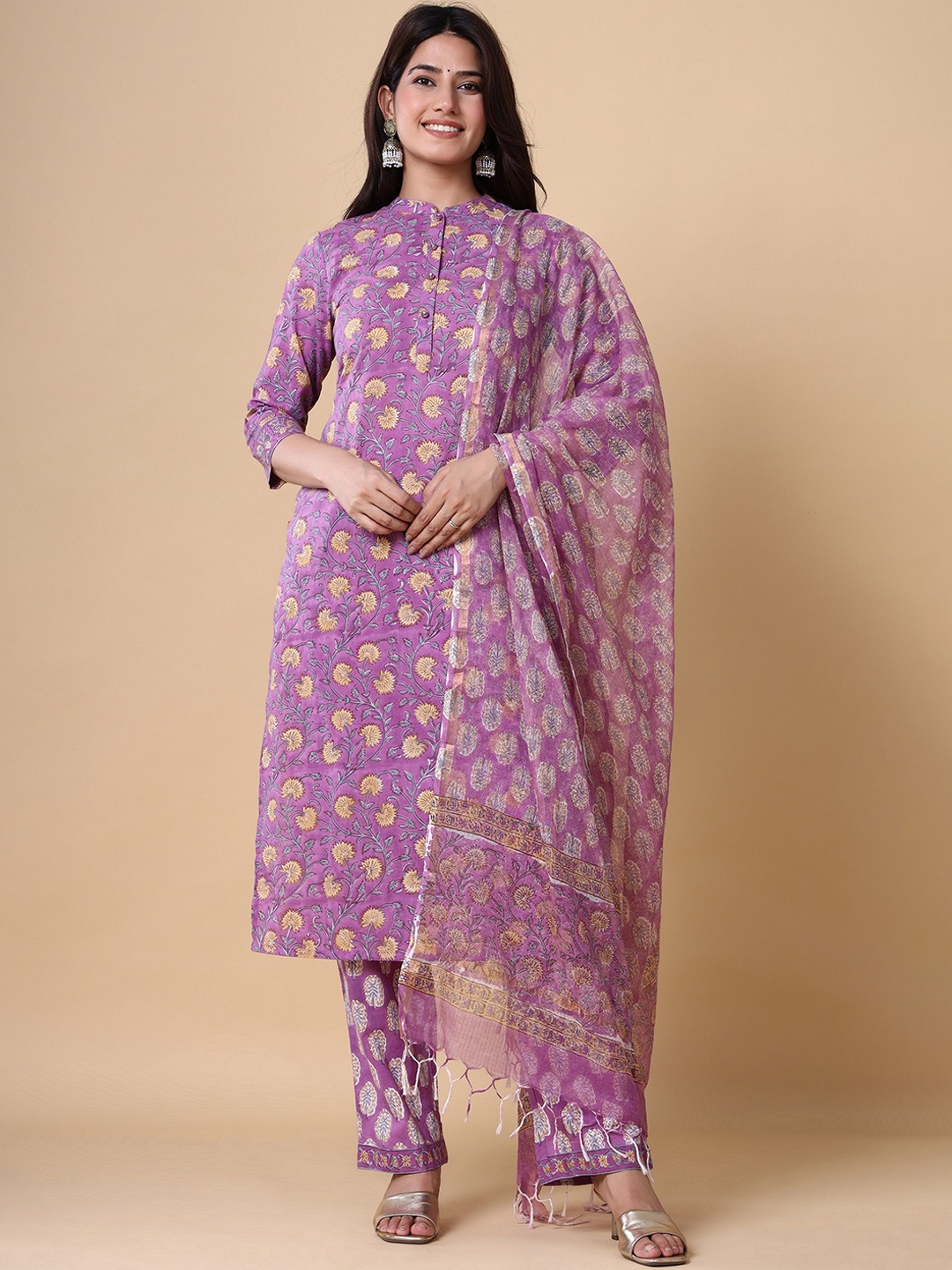 

VASVI Ethnic Motifs Printed Pure Cotton Straight Kurta & Palazzos With Dupatta, Lavender