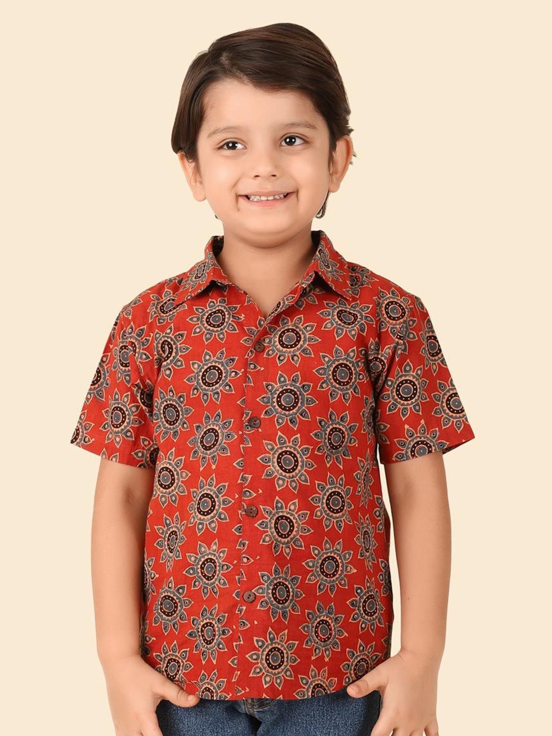 

Fabindia Boys Spread Collar Ethnic Motifs Printed Cotton Casual Shirt, Red